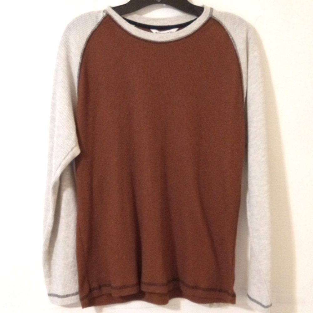DISTORTION BOYS BROWN TAN LONG SLEEVE HENLEY JERSEY TEE SIZE LARGE NWT